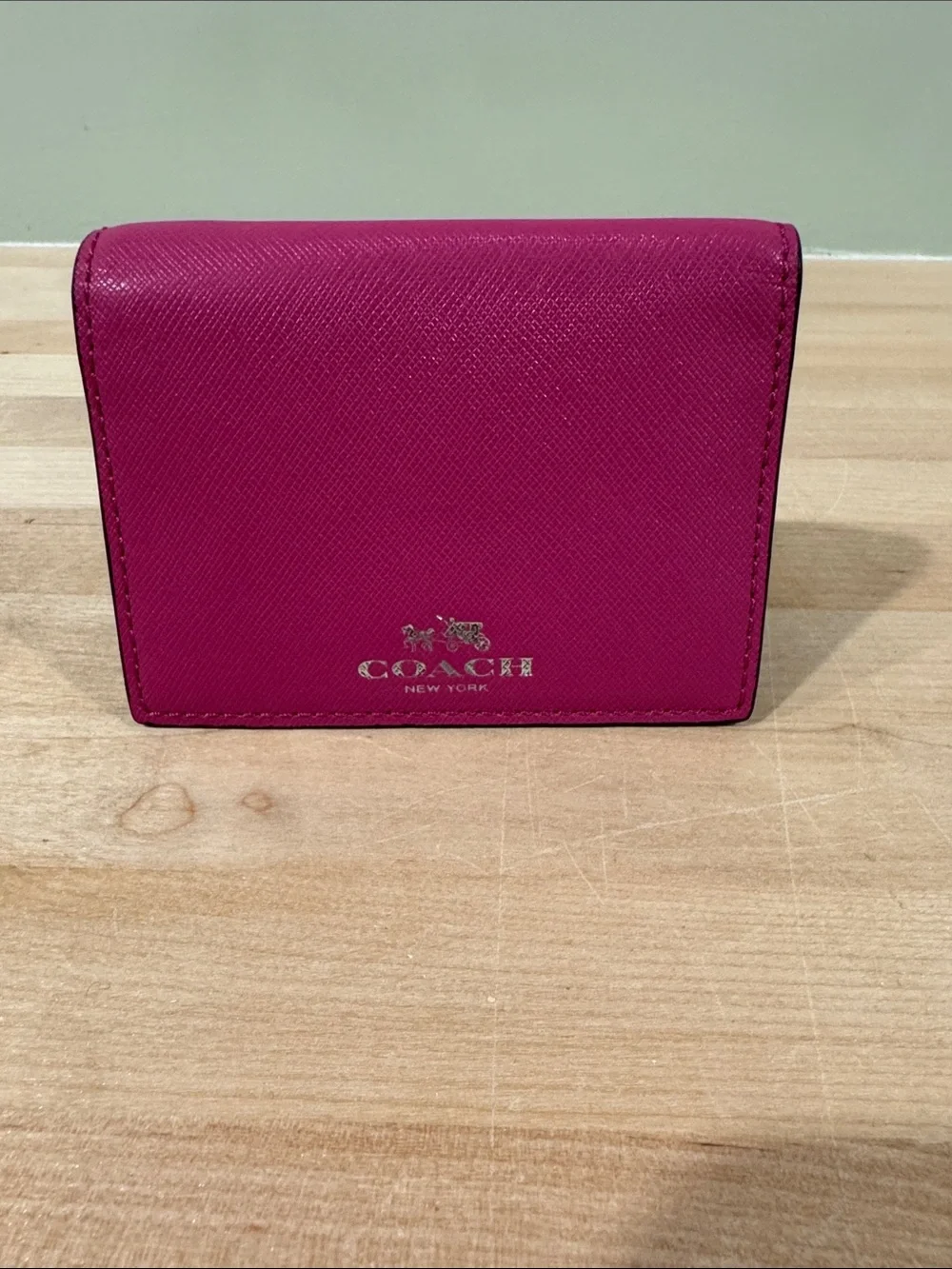 Coach Hot Pink Saffiano Leather Card Case with Silver Logo